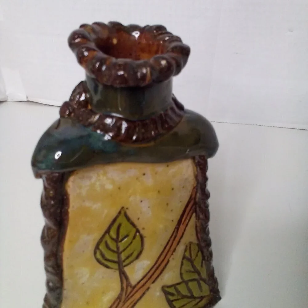 Handmade Vase Pyramid 3 Sides Terra Cotta Clay Unique Tree Leaves 7